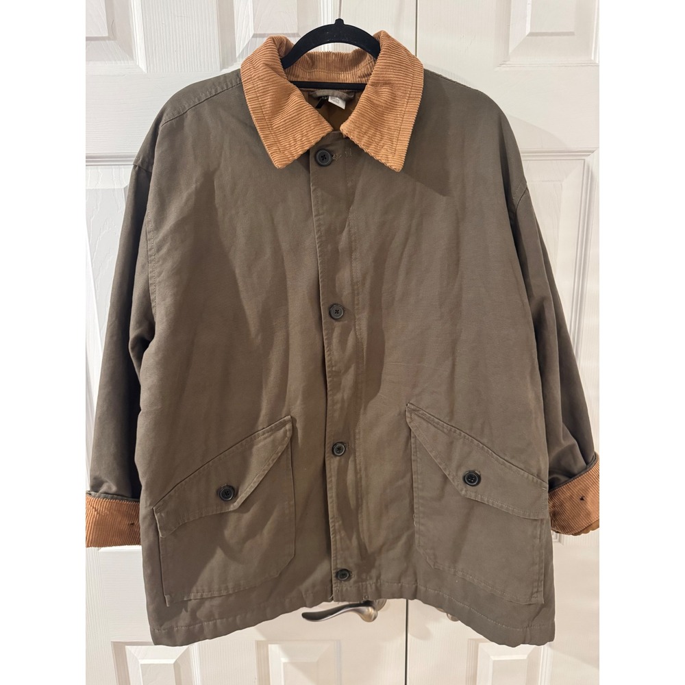 H&M Divided Mens Large Olive Green Canvas Barn Jacket Corduroy Collar Utility